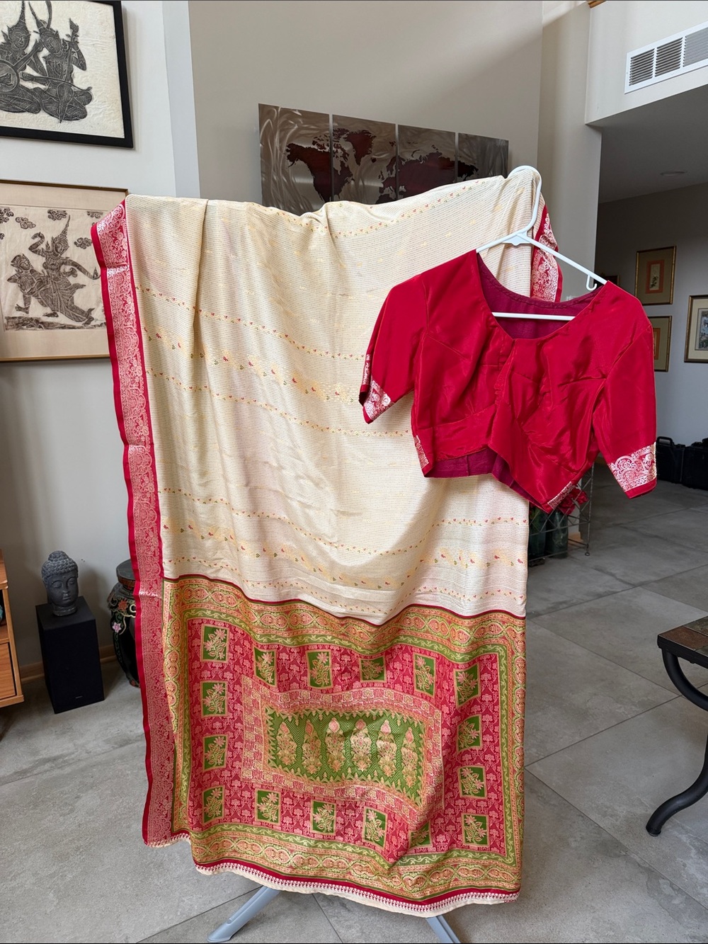 New Cream & Red Indian Saree With Silver Border w/ Handmade Matching Red Blouse